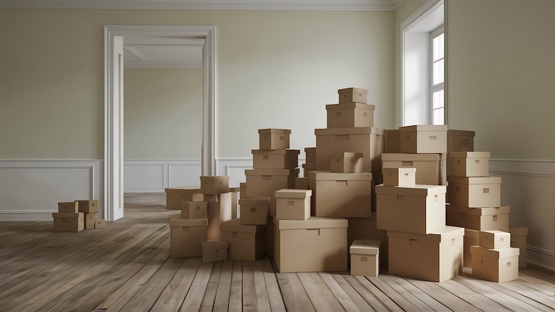 Flyttkartonger i tomt rum