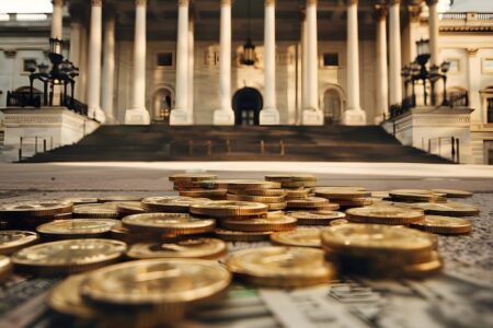 Bank med sedlar och mynt vid ingången