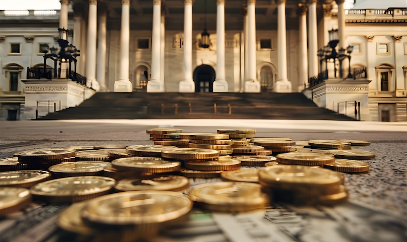 Bank med sedlar och mynt vid ingången